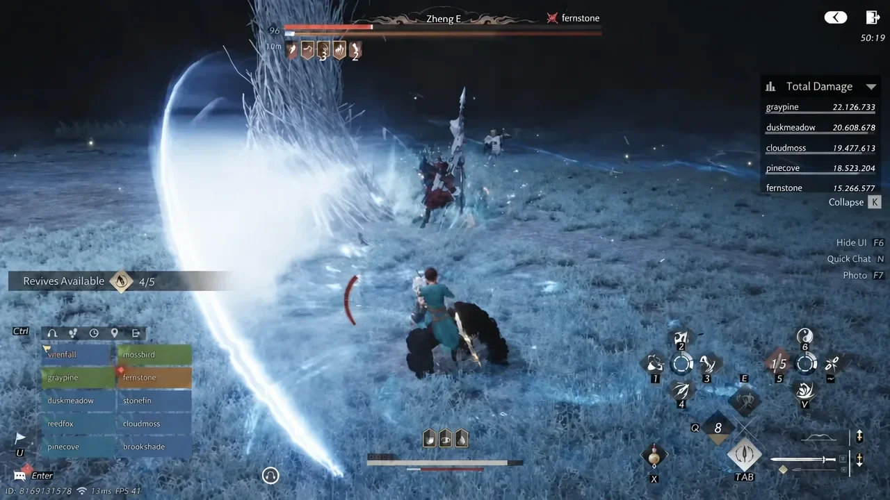 Combat view of Zheng E fight showing the Total Damage panel and Revives Available 4/5
