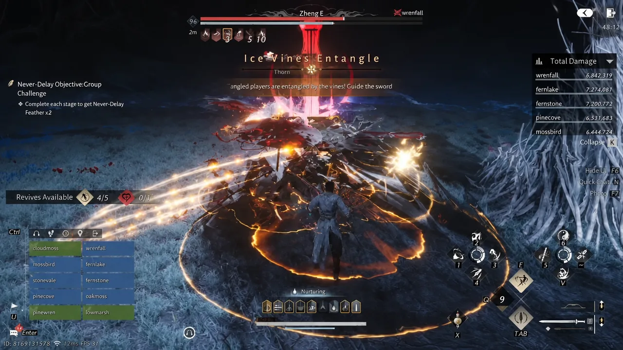 Player attacking Zheng E during the Ice Vines Entangle event with the objective active