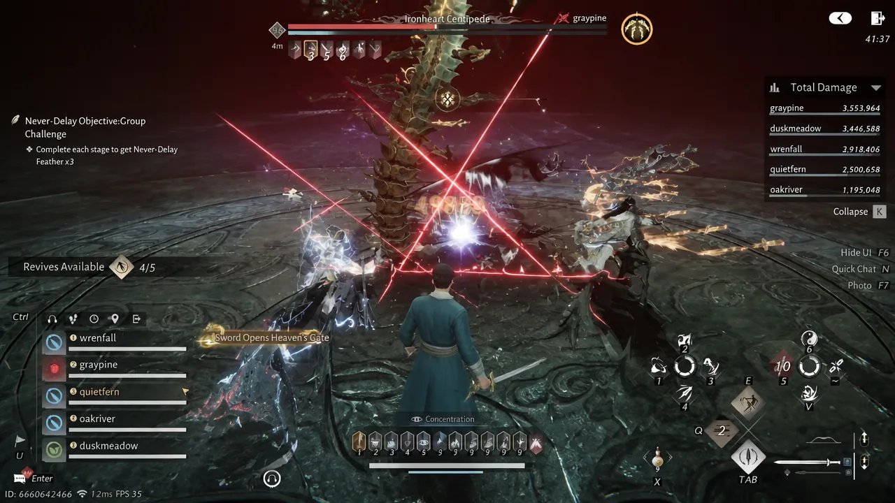 Ironheart Centipede trial arena with the party fighting through red laser hazards