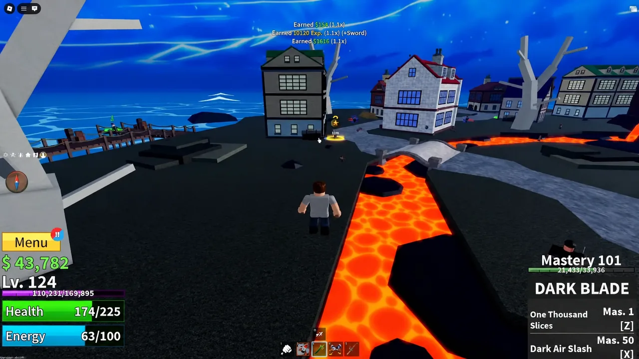 Running back toward the village with a glowing quest marker in view