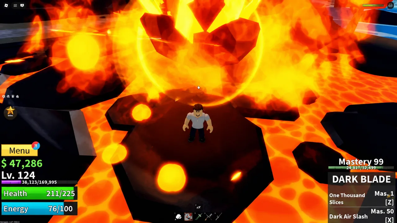 Player swinging a sword on the lava platform as the crater erupts in Magma Village