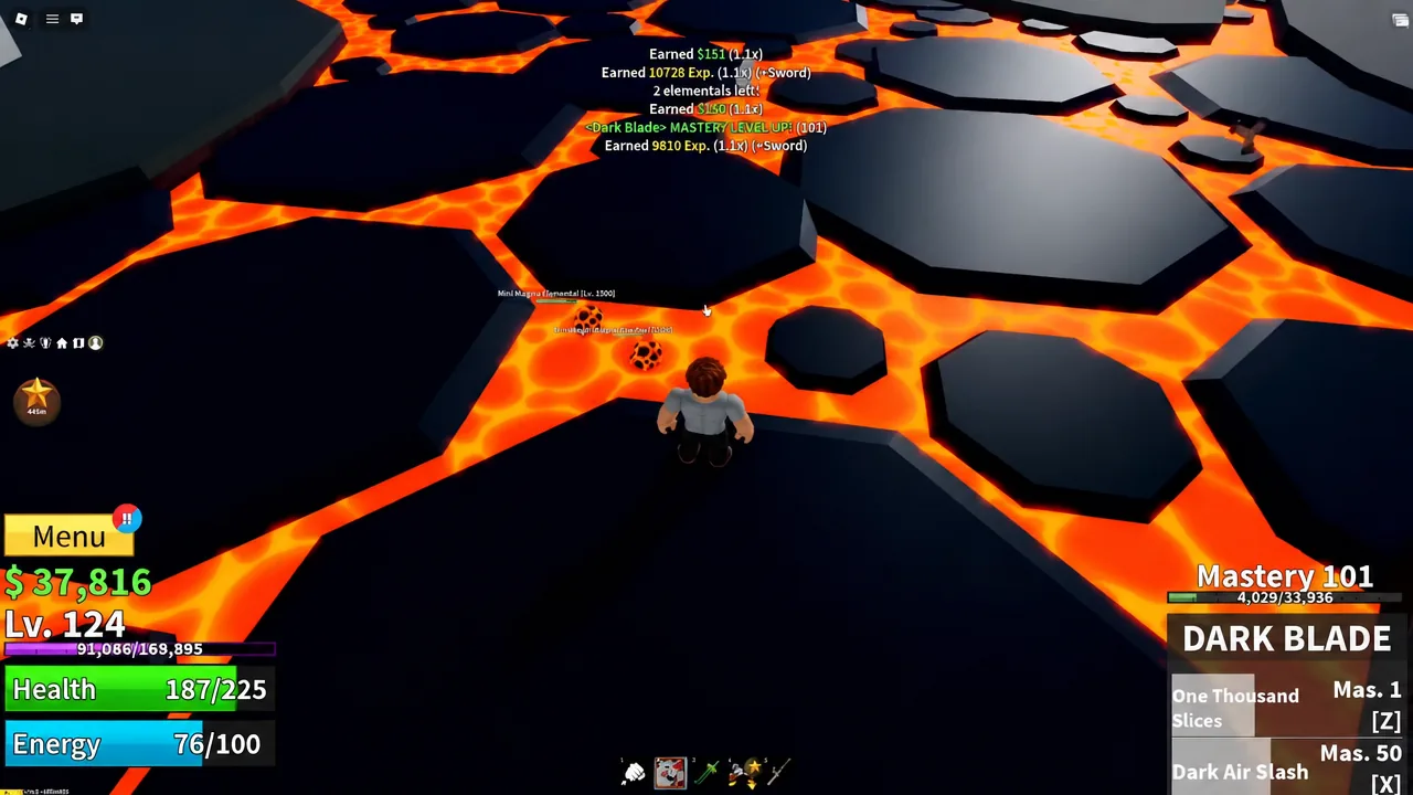 Sword equipped while finishing off a smaller magma elemental, with mastery gain shown