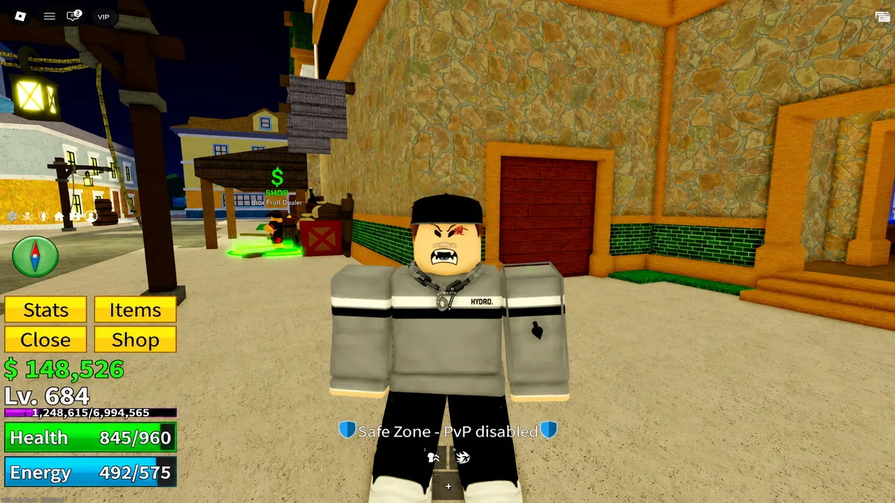 Blox Fruits side menu open with Stats, Items and Shop buttons visible next to the player character