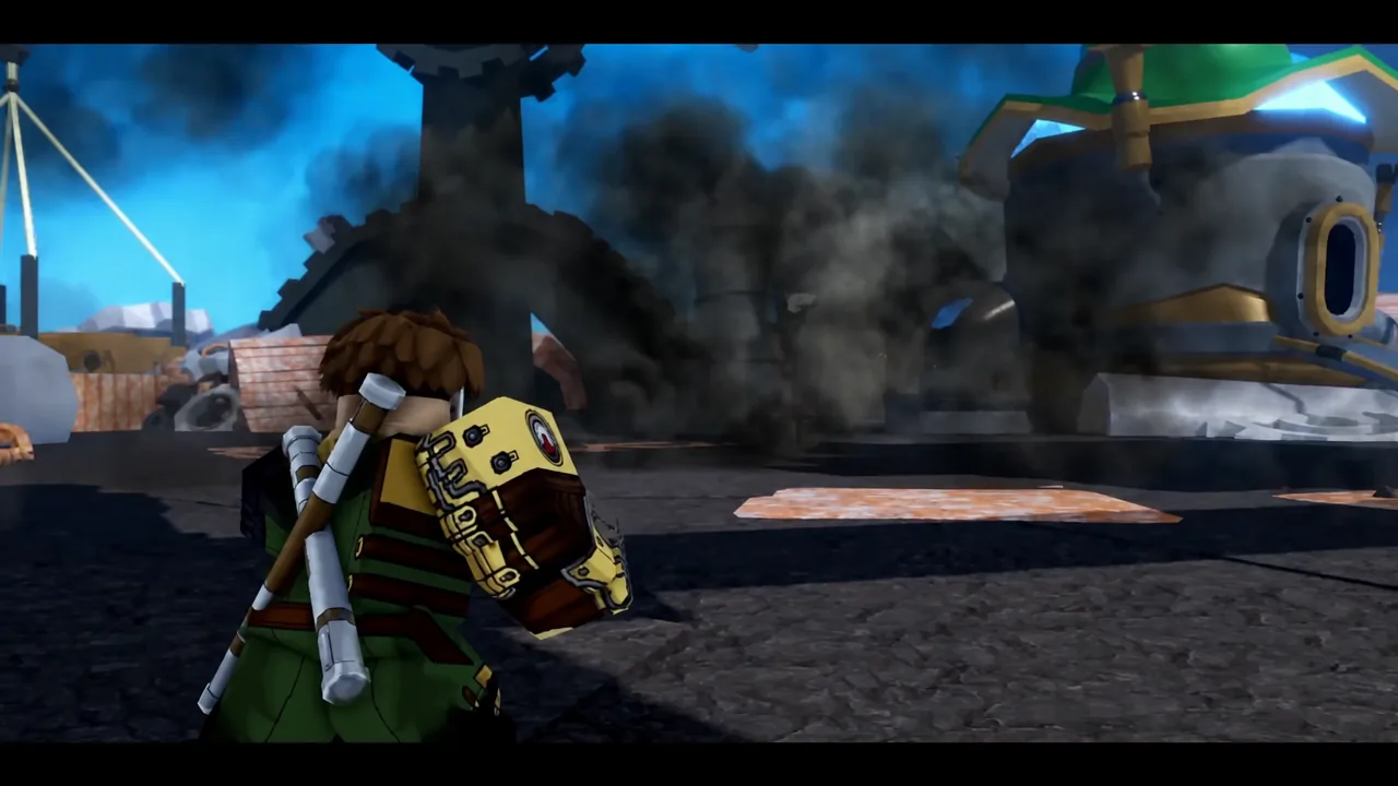 Player crouched behind cover beside a smoking, damaged machine during a Blox Fruits fight