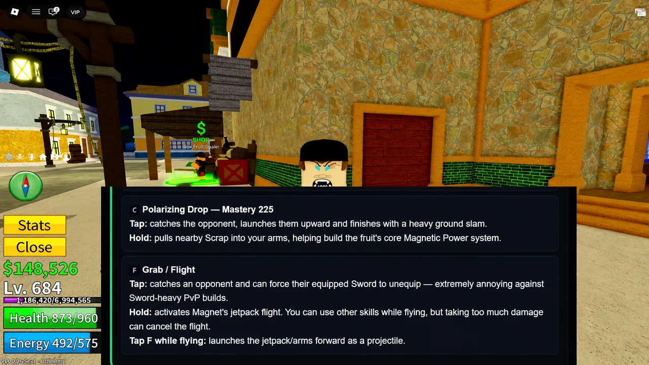 Ability panel in Blox Fruits listing Polarizing Drop and Grab / Flight controls