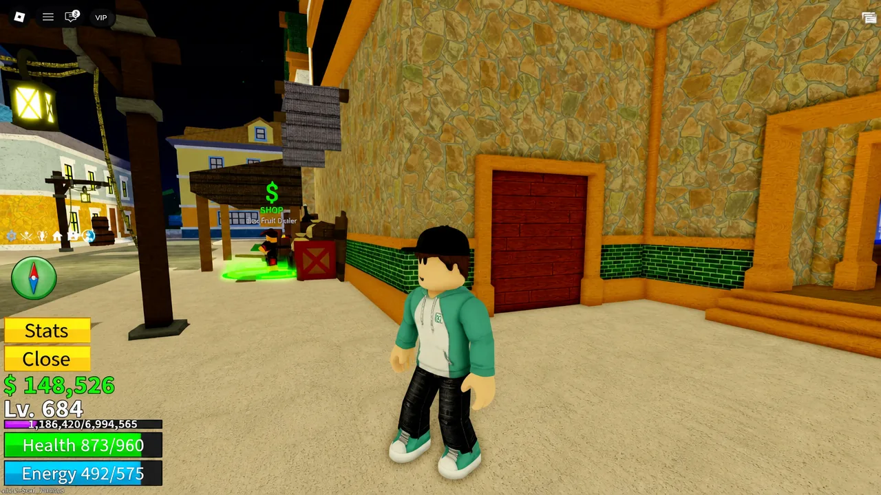 Blox Fruits stats panel showing money, level, health and energy values