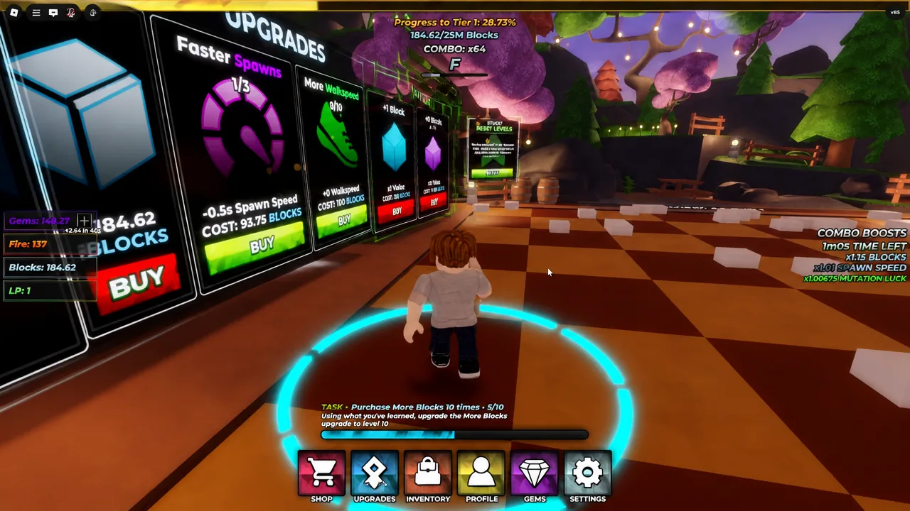 The UPGRADES menu showing the More Blocks upgrade with its BUY button