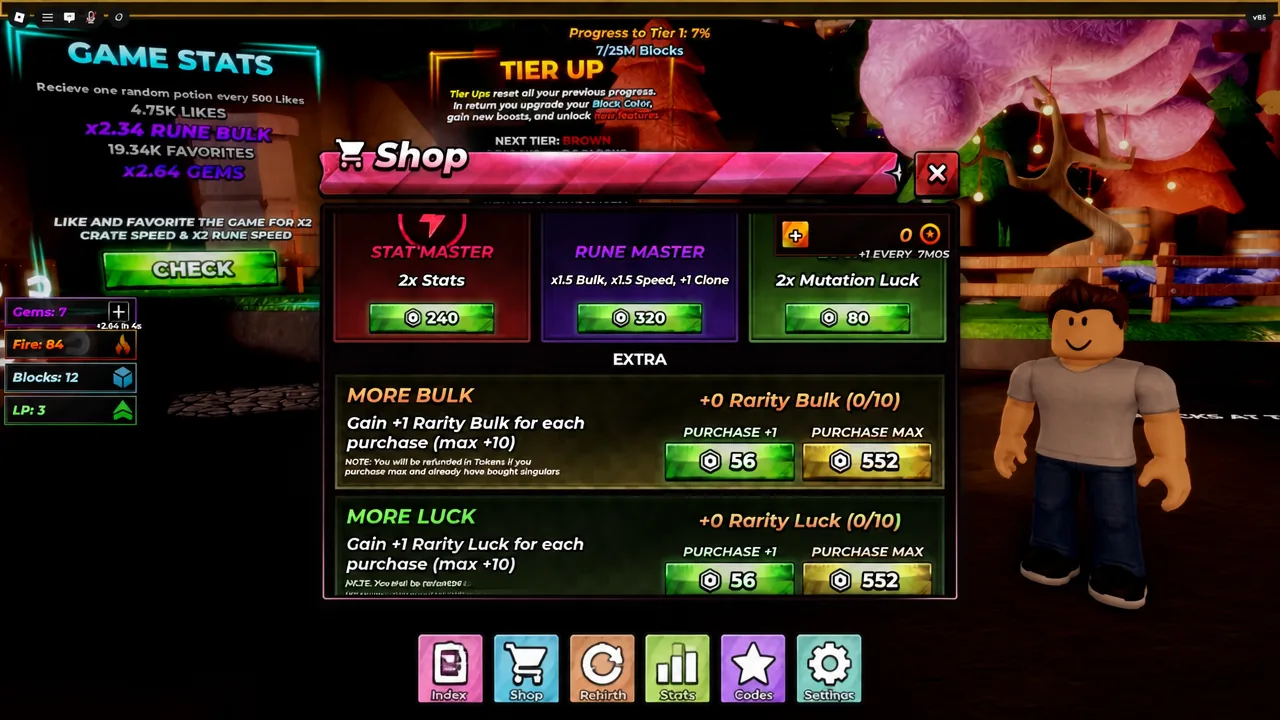 The More Bulk upgrade in the shop with its PURCHASE +1 button highlighted