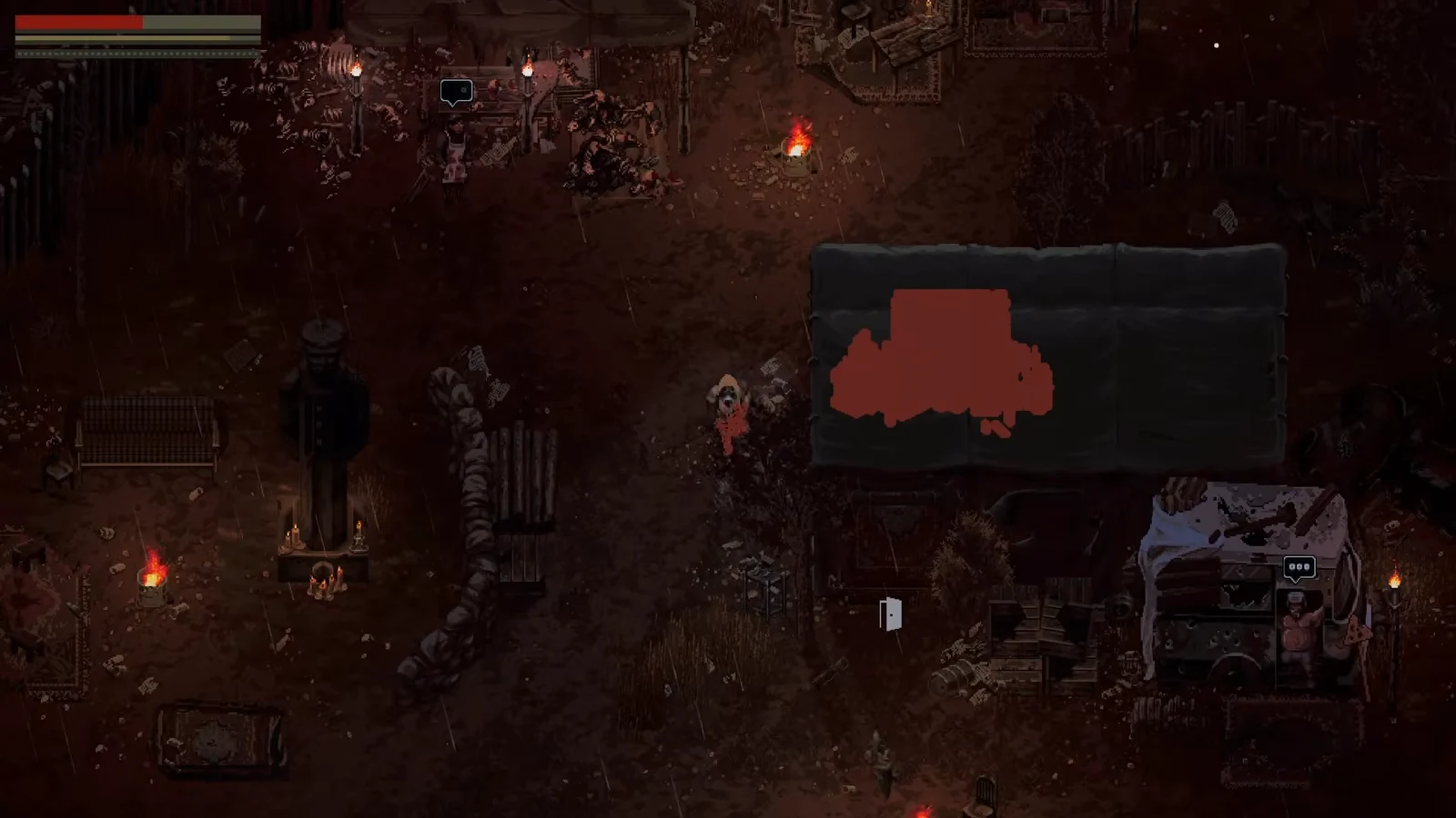 Rainy torch-lit Scavland camp at night with speech-bubble prompts over nearby NPCs