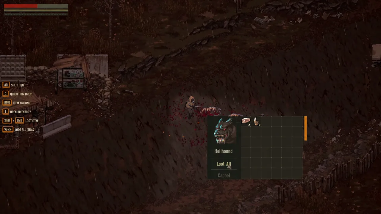 Hellhound corpse loot window in Scavland with the Loot All button highlighted