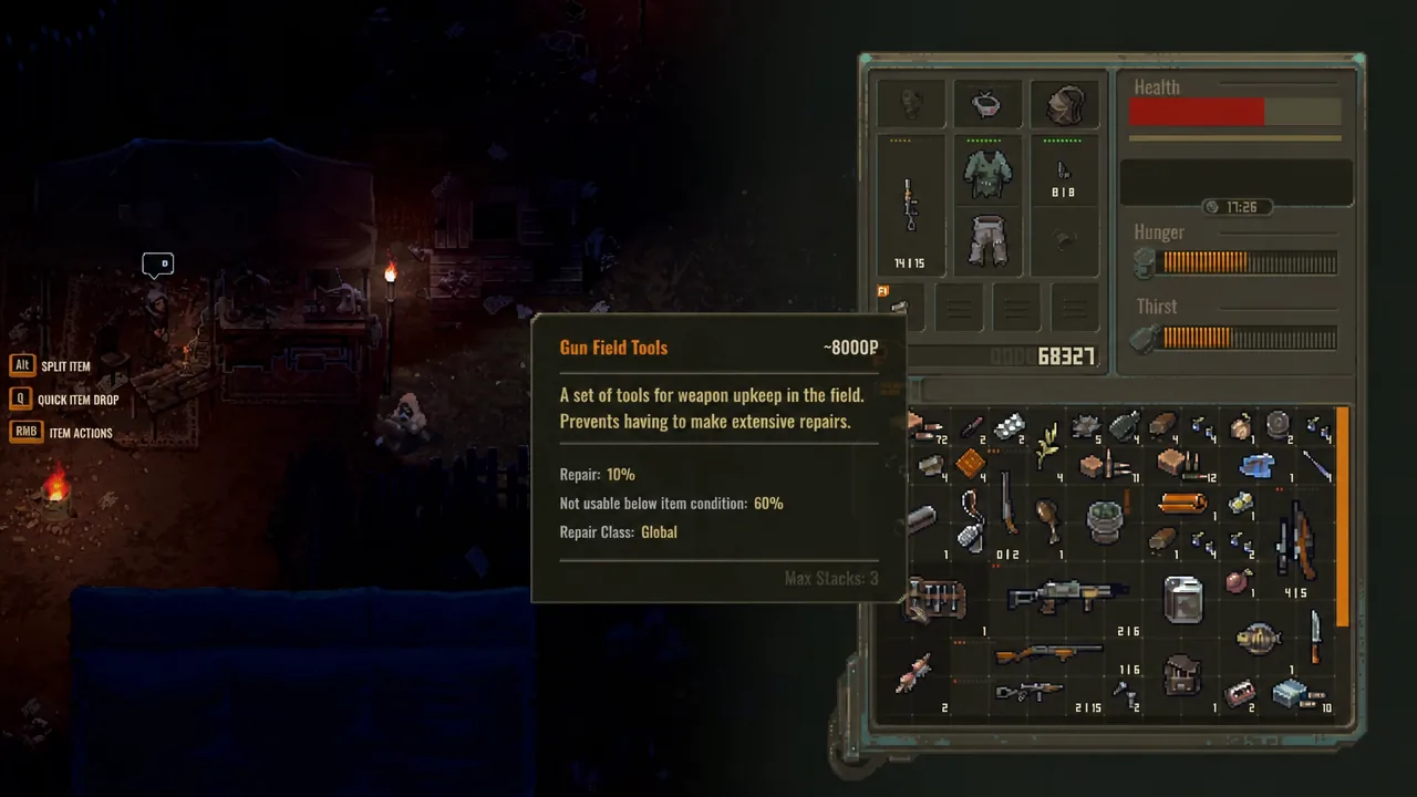 Scavland inventory screen showing the Gun Field Tools item and its repair description