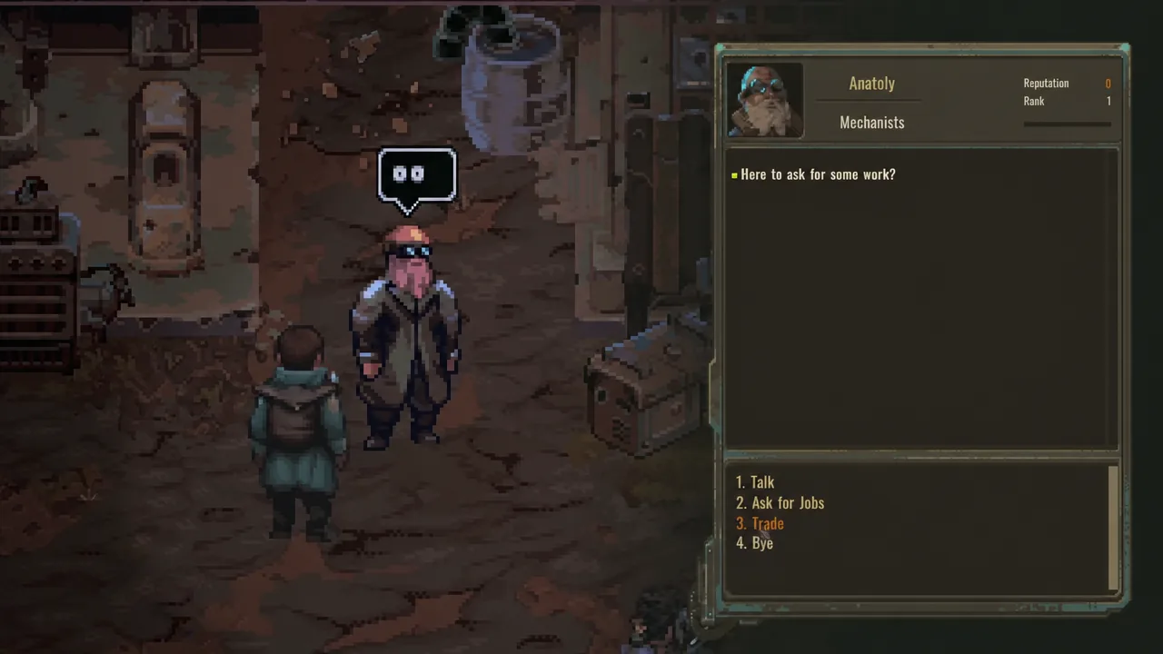 Anatoly's dialogue menu in Scavland with the Ask for Jobs option highlighted