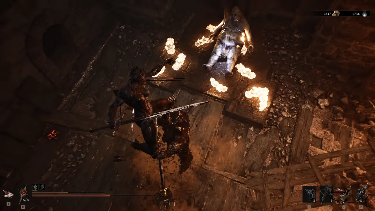 The Harbinger swinging at a burning enemy inside the Mammon ruins with the combat HUD on screen