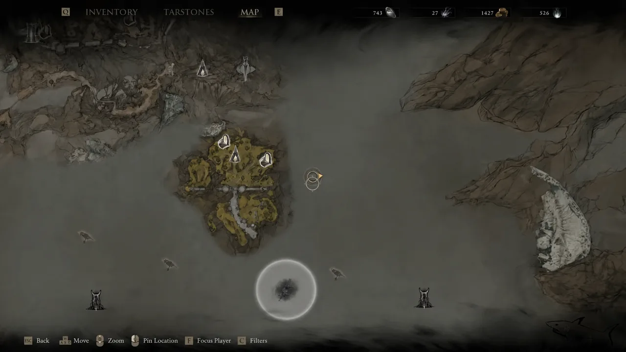 The map screen open on the MAP tab with the cursor sitting over a fogged section of Mammon