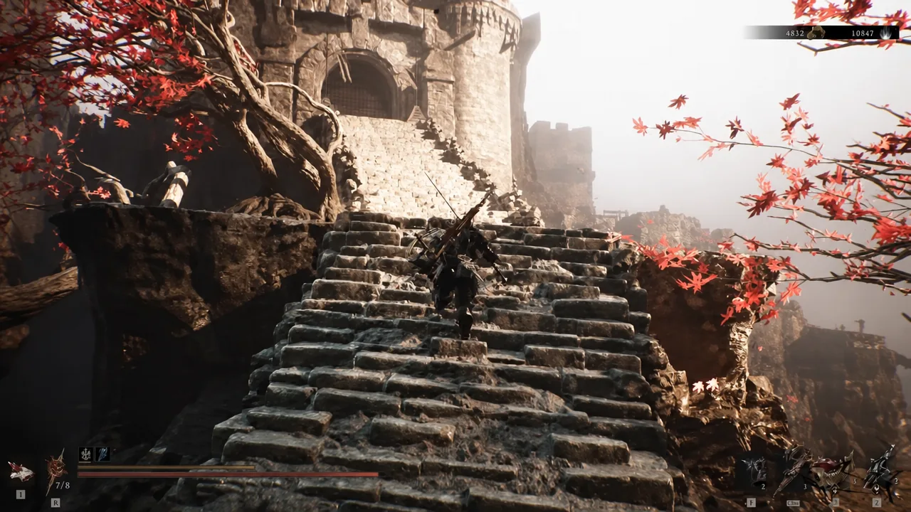 The Harbinger climbing stone steps toward the castle structure on the way into Sister's Refuge