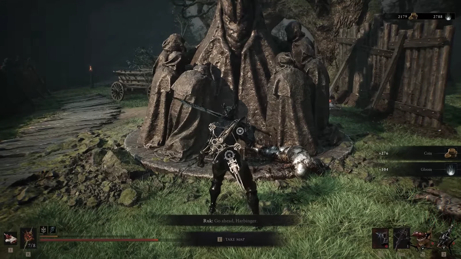 The Take Map interaction prompt displayed at the statue monument holding the Map of Mammon 5