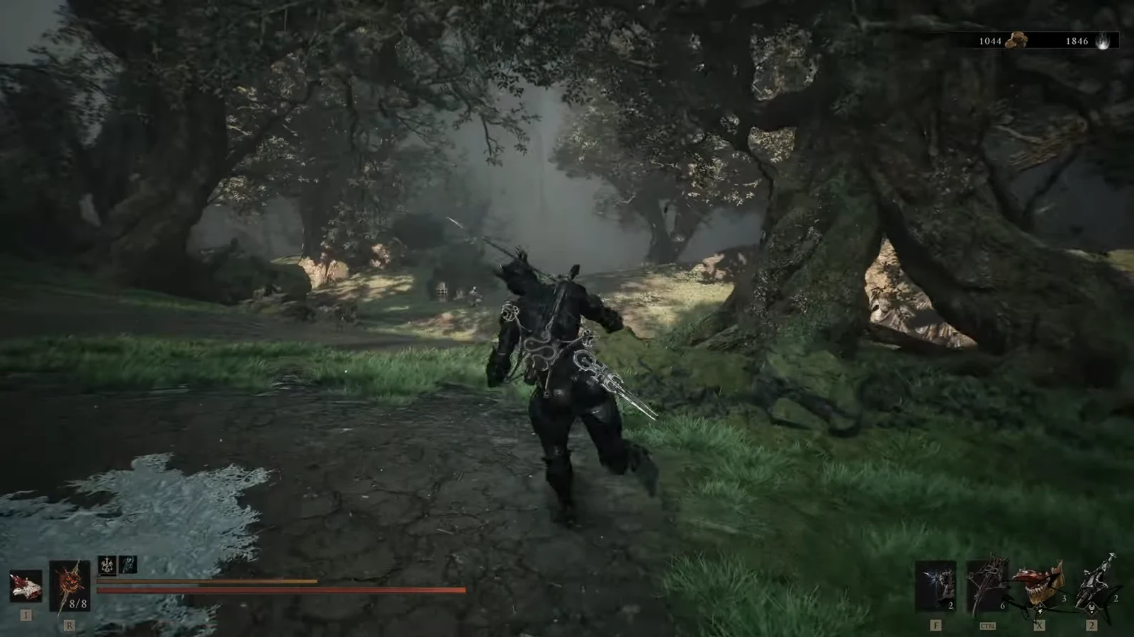 Third-person view of the Harbinger running down the wooded slope west of the Outskirts of Mammon beacon