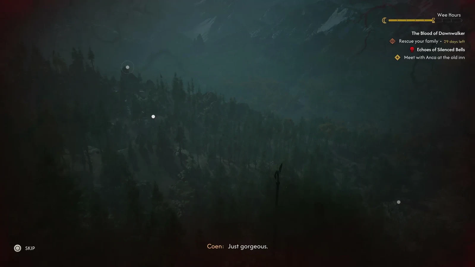 Coen looks out over the forest during the scouting cutscene with the subtitle Just gorgeous on screen