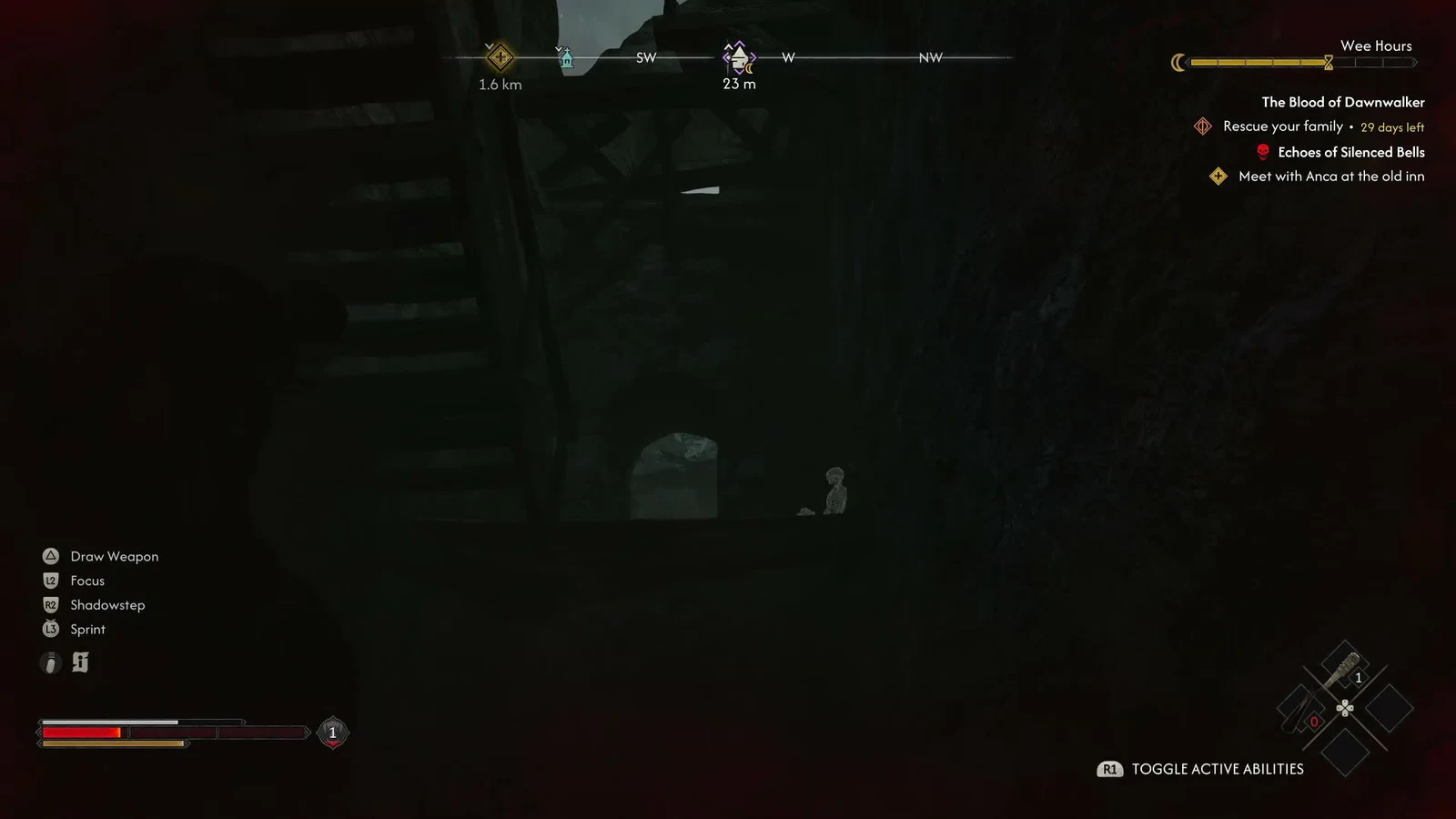 Focus mode active in a dark tower passage with a figure ahead and the Rescue your family objective tracked