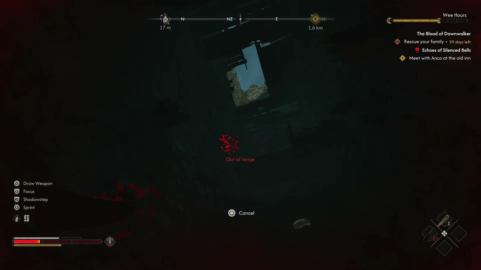 Shadowstep targeting shows an Out of range marker on a distant anchor point with a Cancel prompt