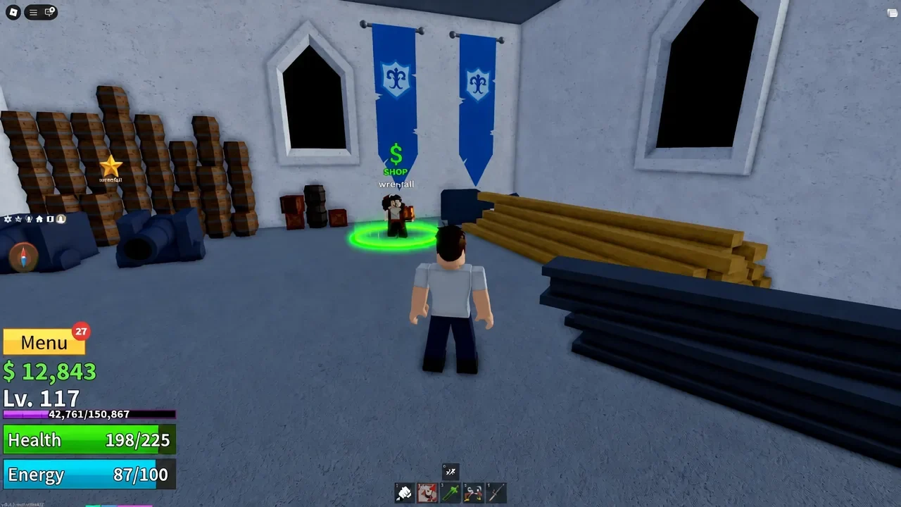 Green interaction marker floating above the tower NPC at Marine Fortress