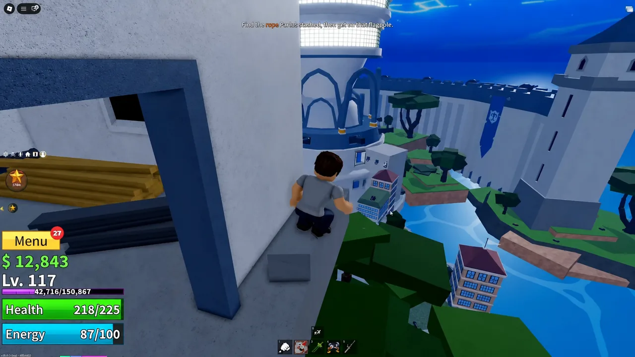 On-screen objective text telling the player to find the stashed rope and reach the flagpole
