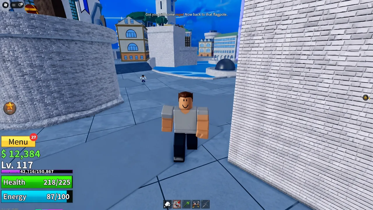 Player crossing the fortress grounds toward the central flagpole after picking up the rope