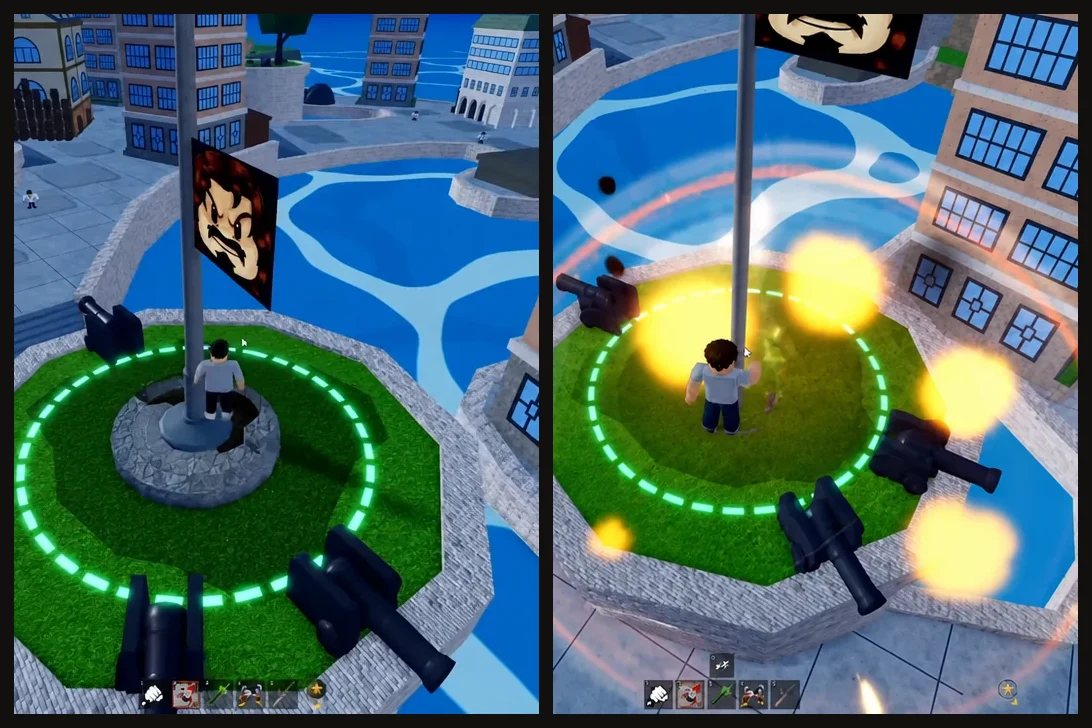 Side-by-side of the flagpole capture ring, quiet on the left and taking cannon fire on the right