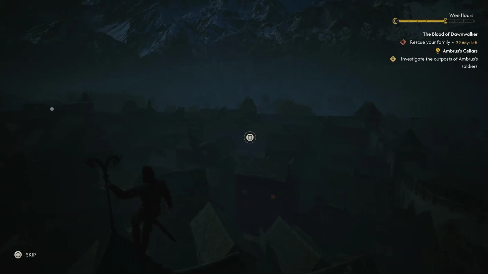 Nighttime rooftop cutscene with a button prompt in the centre and SKIP shown at the bottom left