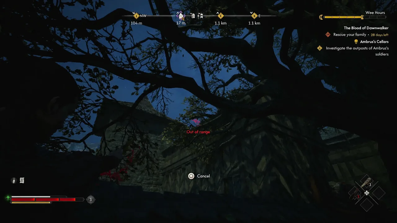 Scouting view showing a target marker flagged as out of range, with a Cancel option