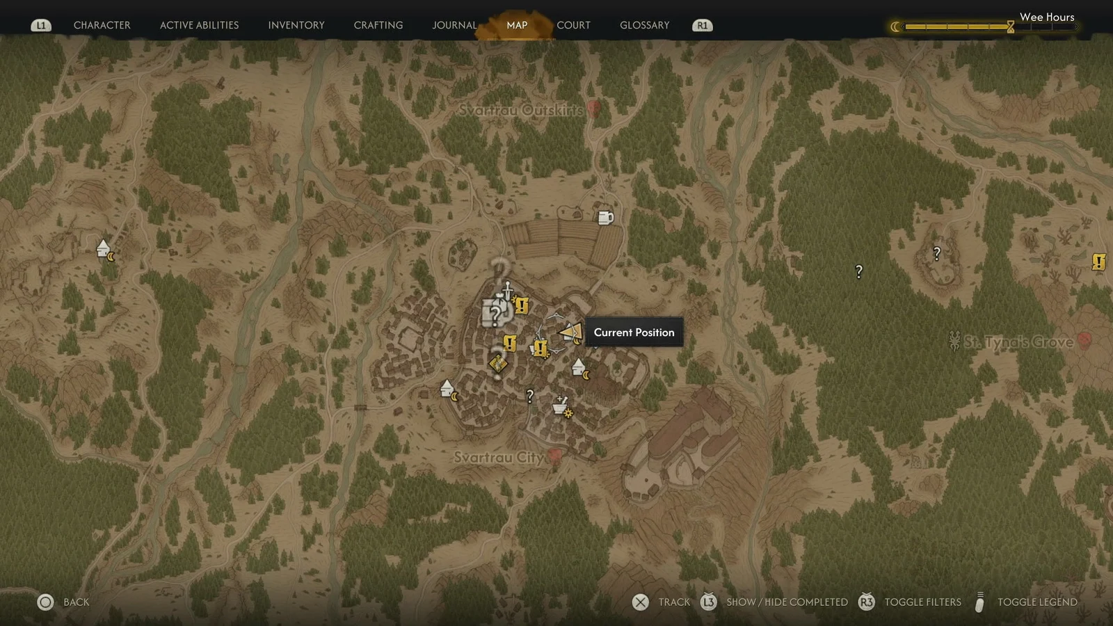 World map screen with the Current Position marker and freshly revealed icons nearby