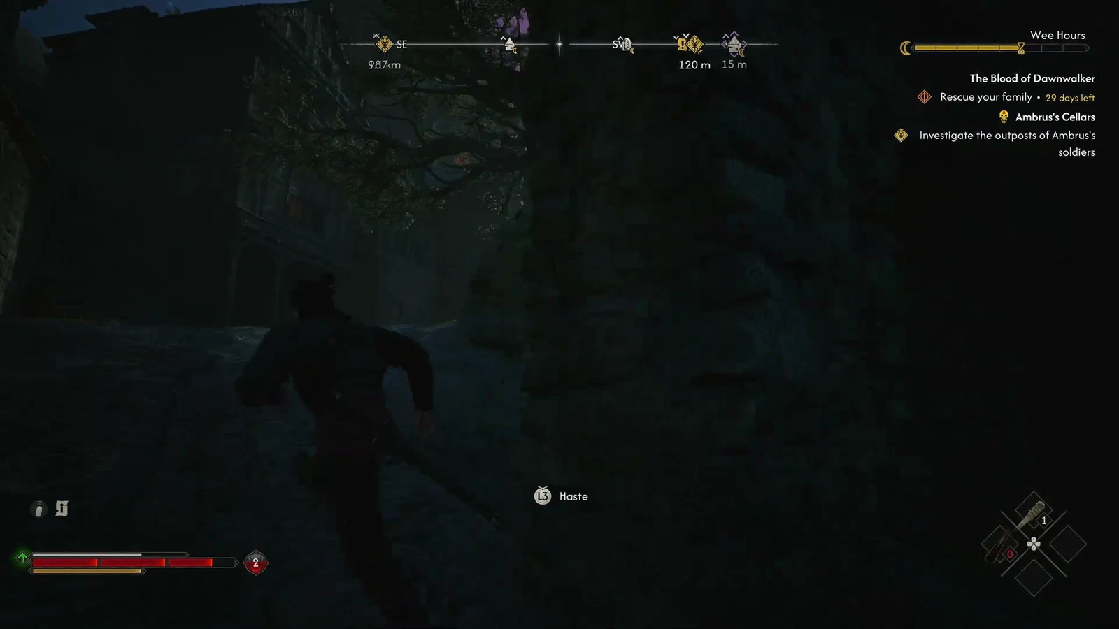 Coen sprinting through a dark passage at night with the L3 Haste prompt on screen