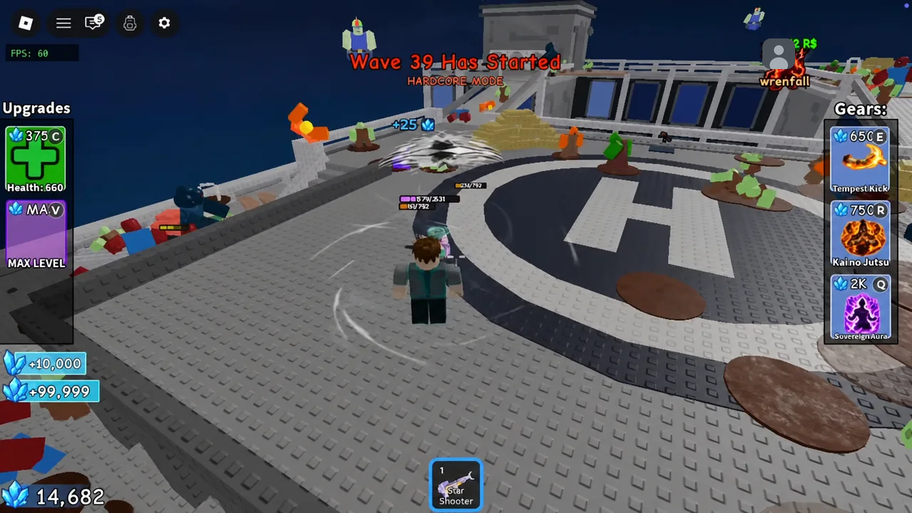 Wave 39 Has Started message during a Hardcore Mode run with combat continuing on the helipad
