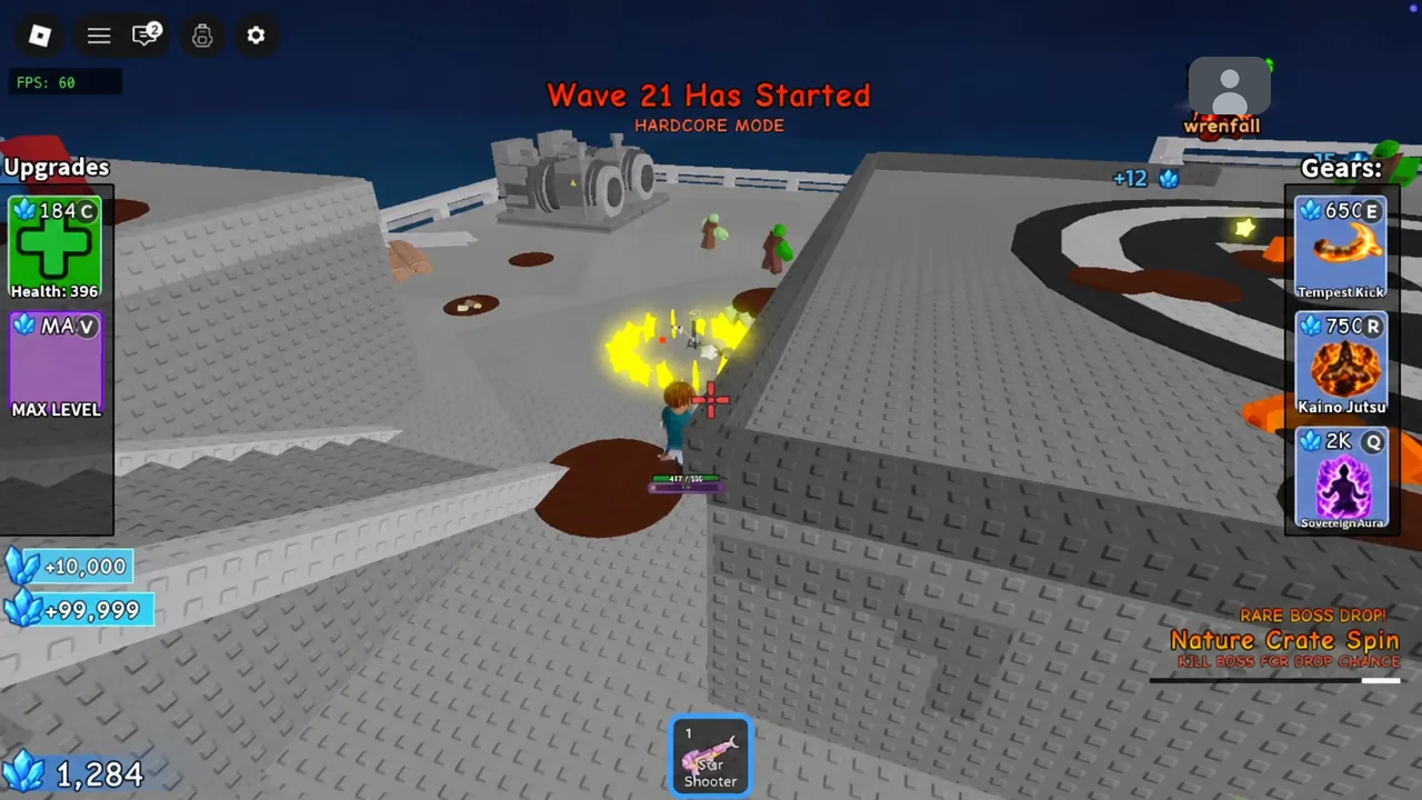 Wave 21 Has Started banner in Hardcore Mode with the Star Shooter equipped on the helipad