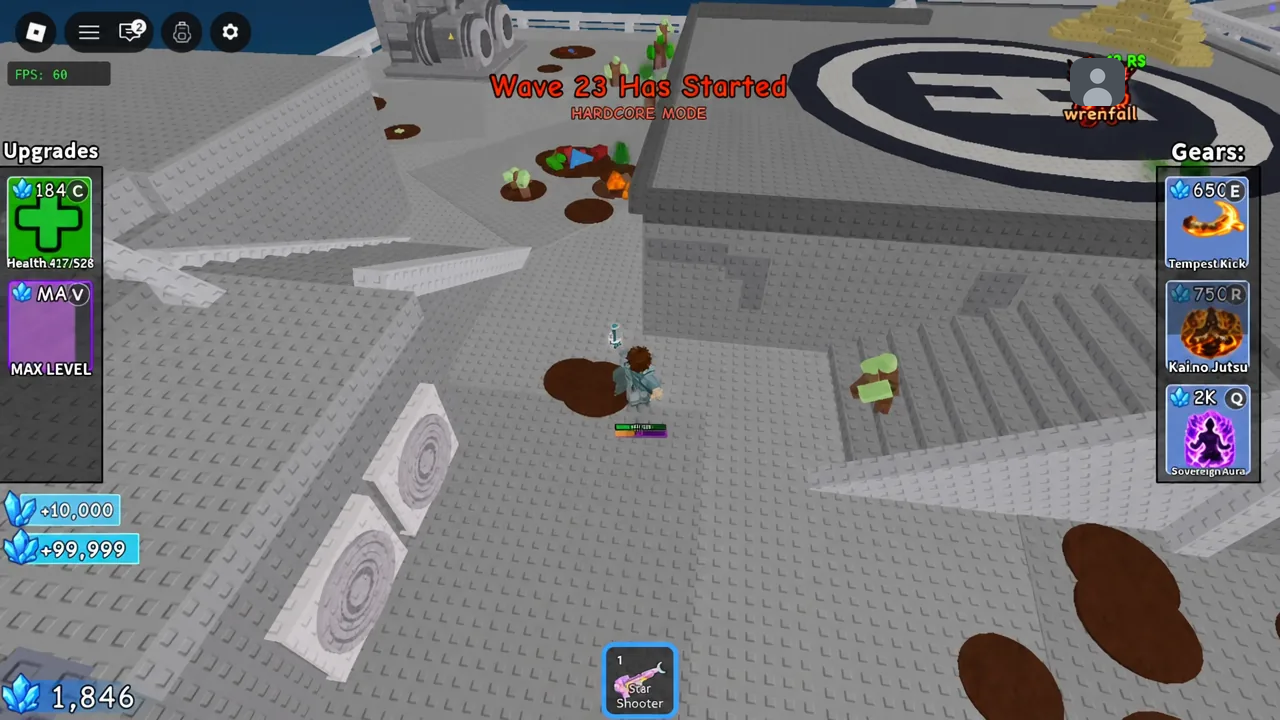 Wave 23 starting in Hardcore Mode while the player holds the helipad with the Star Shooter selected