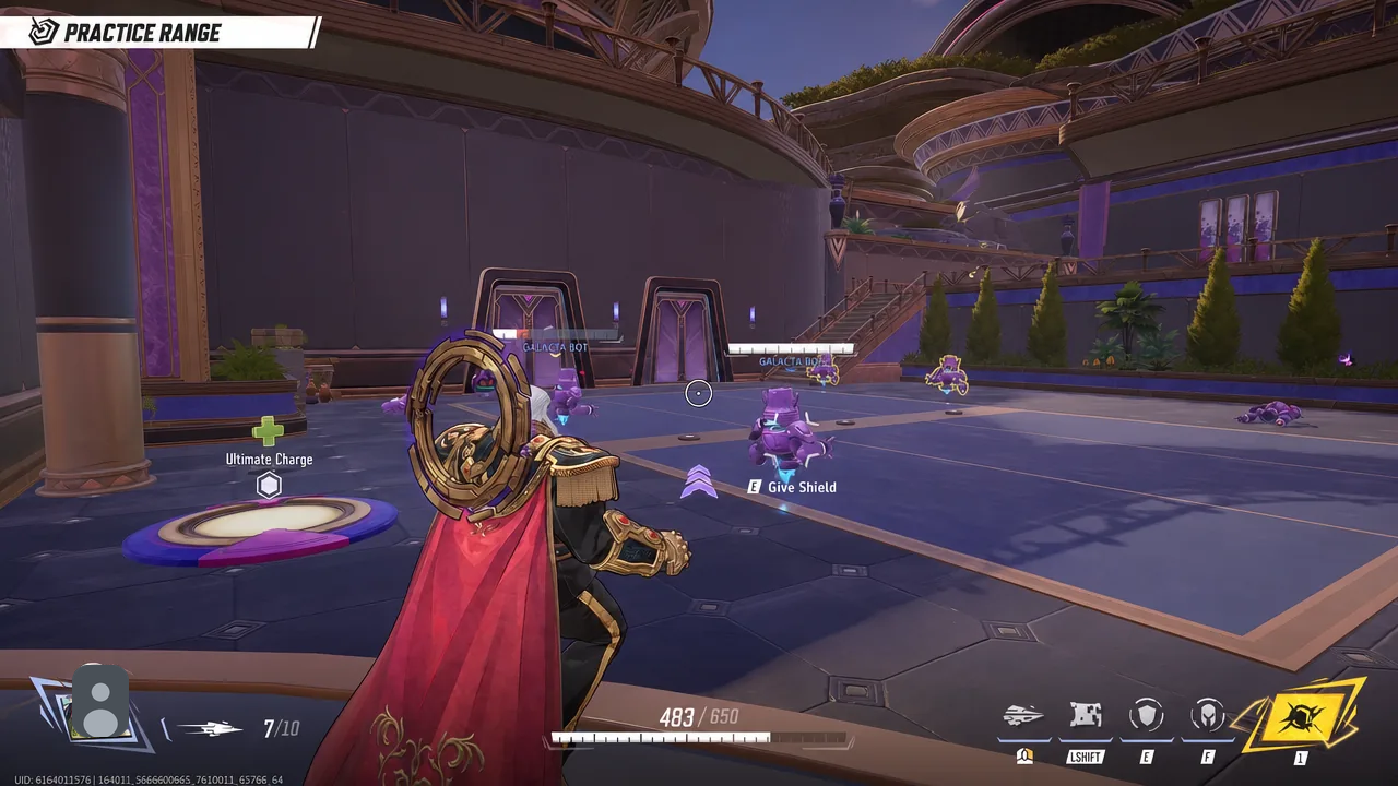 Practice Range showing the E Give Shield prompt while aiming at a Galacta Bot
