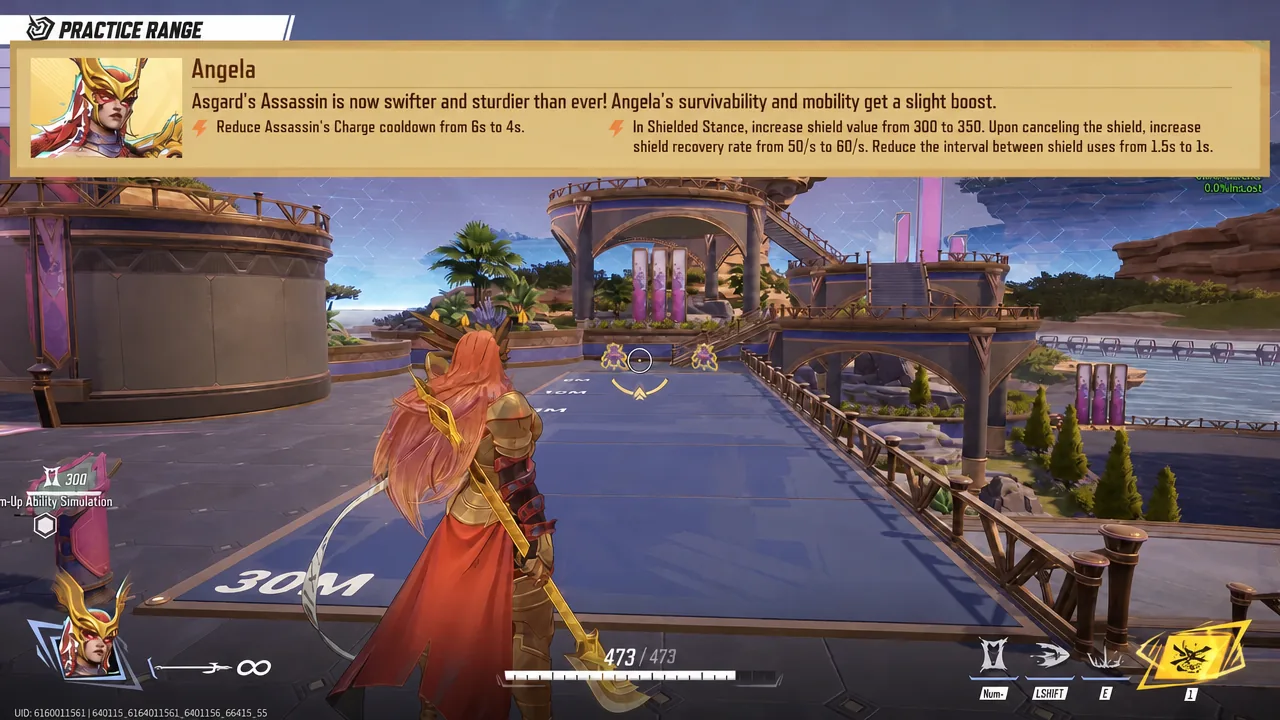 Angela highlighted in the Practice Range while aiming down the training lane