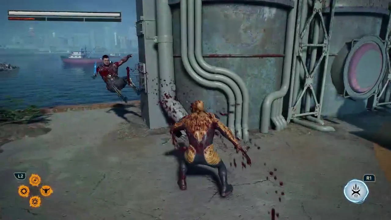 Wolverine mid-attack on an enemy beside an industrial structure with the R1 ability prompt on screen