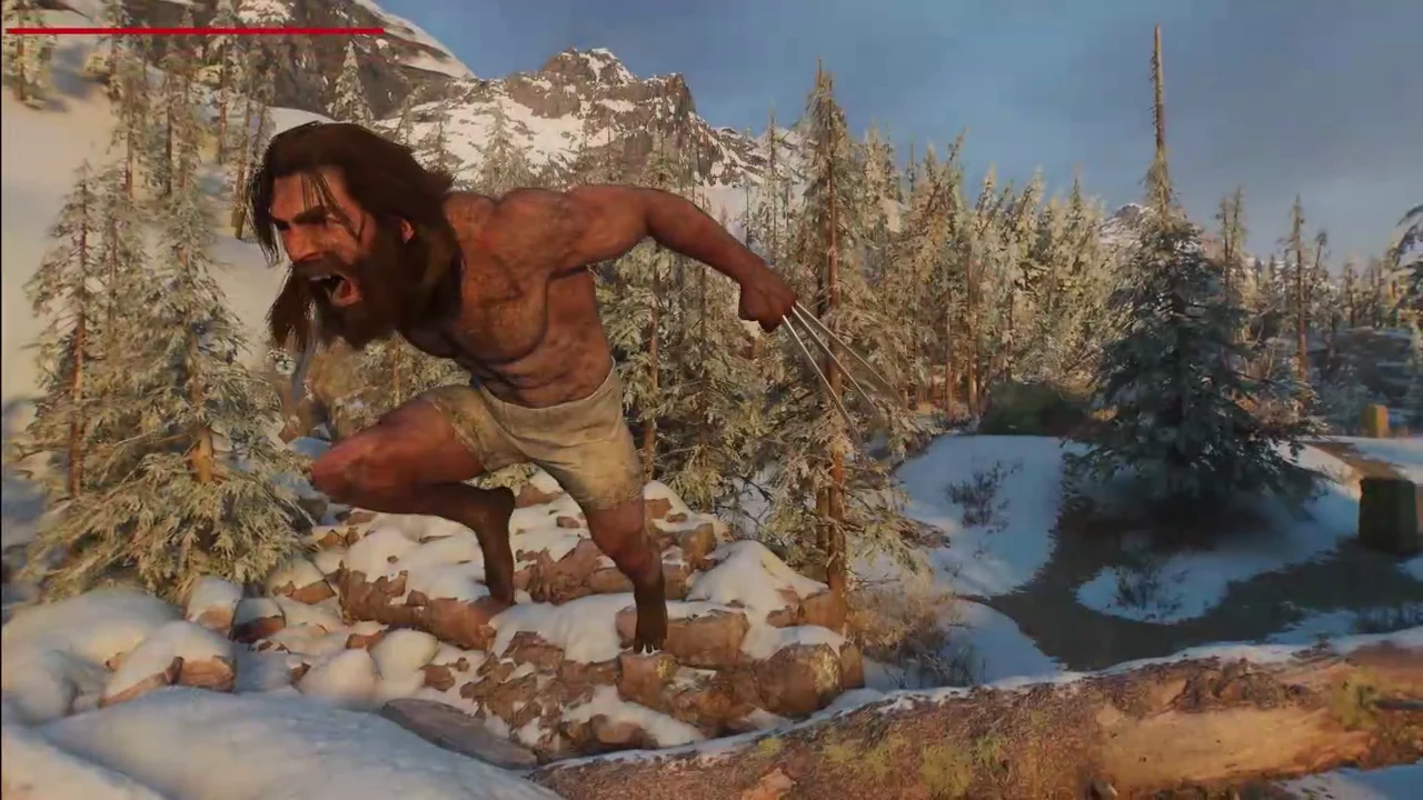 Wolverine lunging with claws extended across a snowy mountainside, health bar visible in the corner