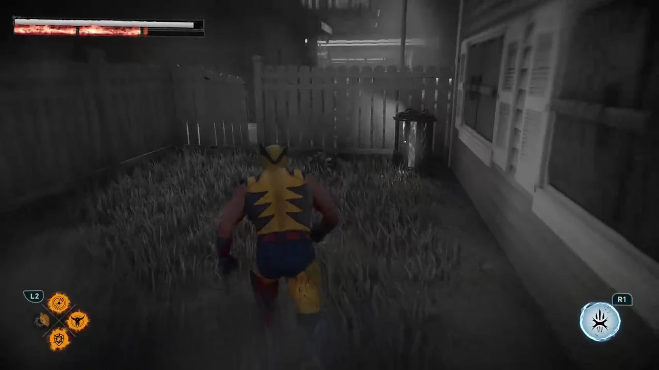 Third-person view of Logan crossing a residential backyard toward a wooden fence and trash can