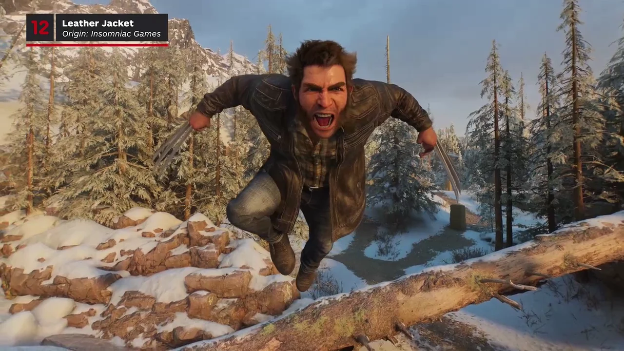 Wolverine jumps in a dark leather jacket and flannel shirt, followed by combat outside a facility