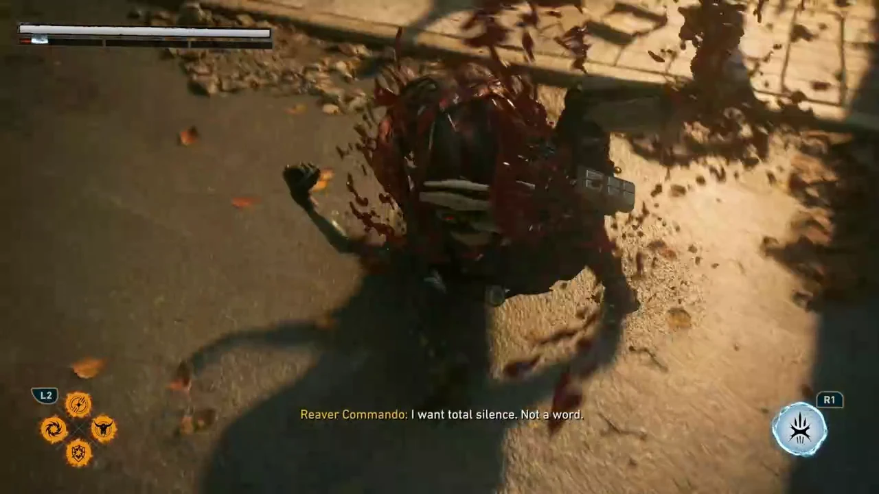 Red-clad Wolverine attacking enemies in an industrial arena with health bar and ability prompts on screen