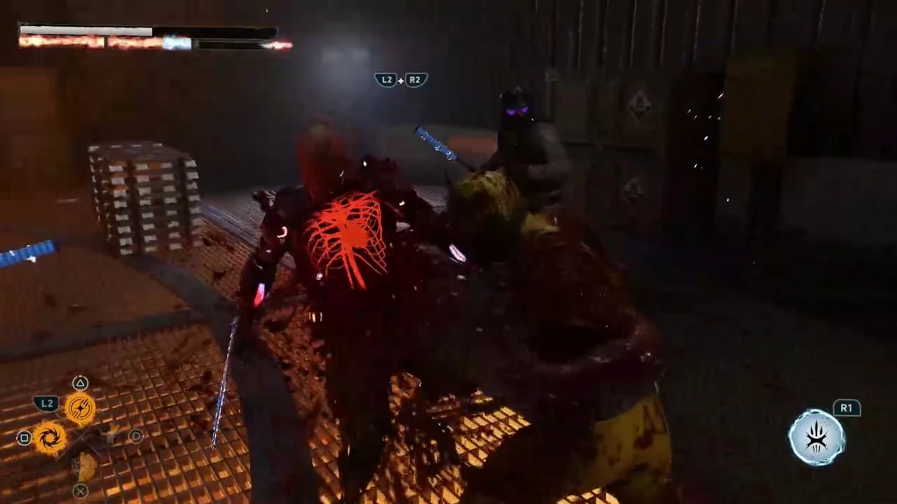 Wolverine attacking an enemy with an on-screen L2 plus R2 prompt for a combined attack