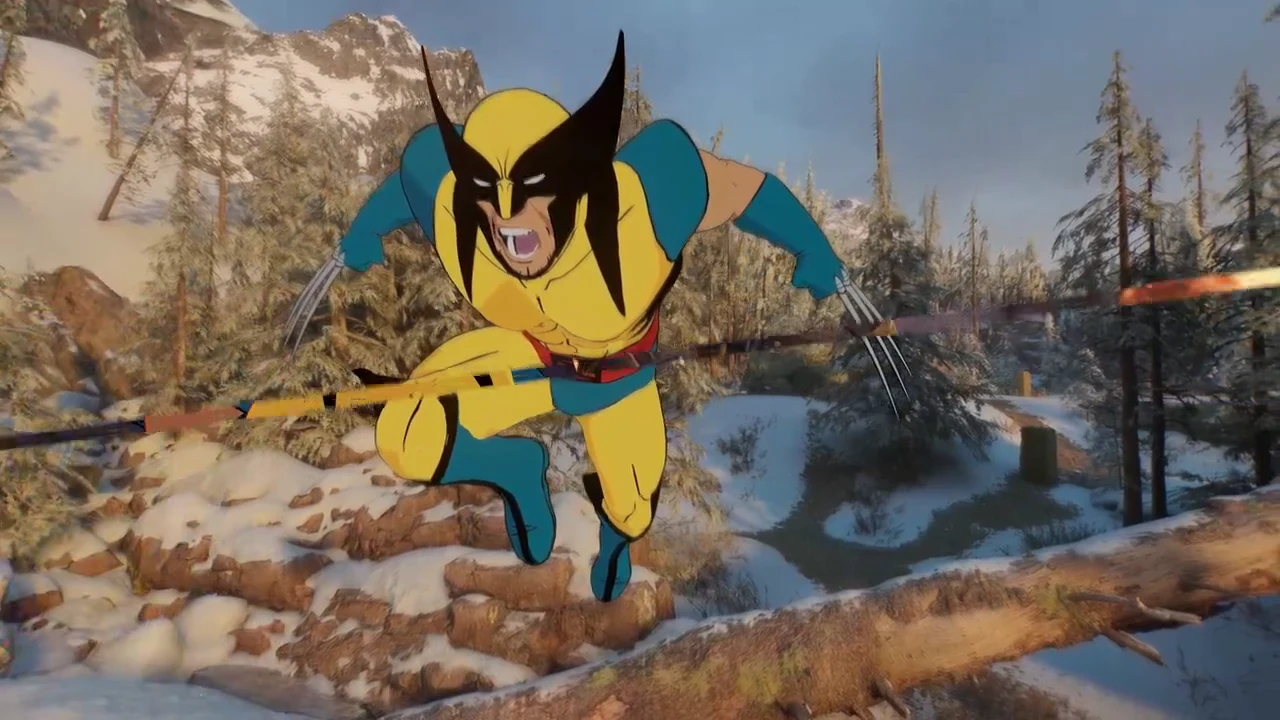 Wolverine jumps in a cel-shaded yellow-and-blue suit, followed by a cutscene with Sabretooth and combat in a facility