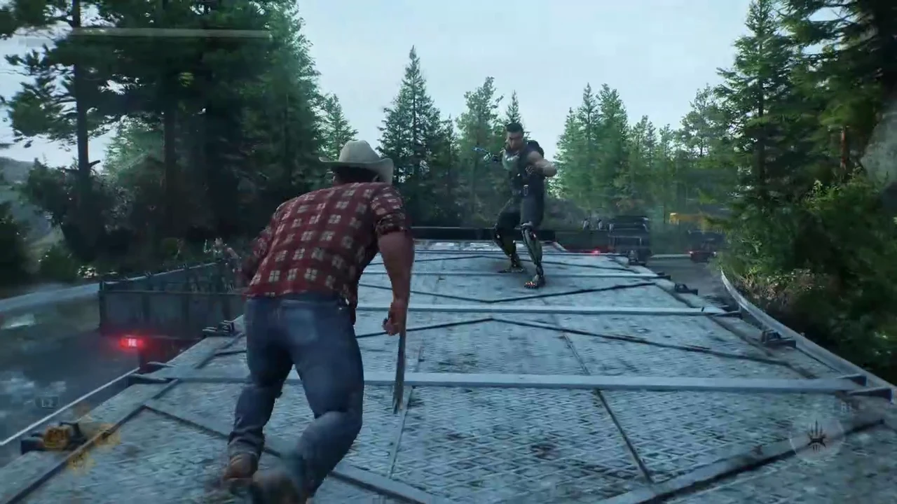 Gameplay shows a cowboy-hatted character wielding a melee weapon while confronting an enemy on a moving train roof