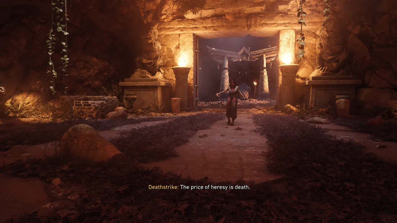Deathstrike walking through a torch-lit temple in a cutscene with subtitles