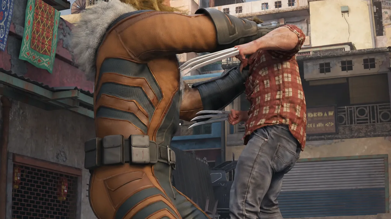 Wolverine driving his extended claws into an enemy during the final rooftop fight