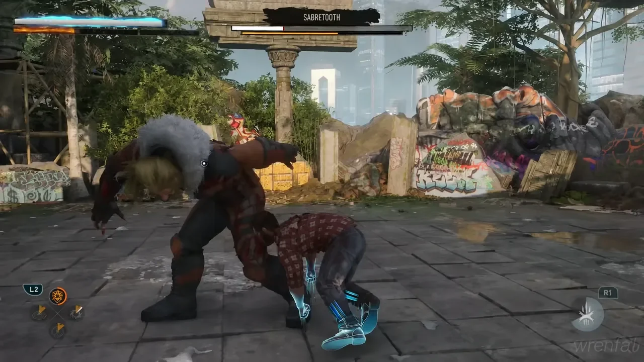Wolverine lands a close-range hit with the SABRETOOTH boss health bar on screen