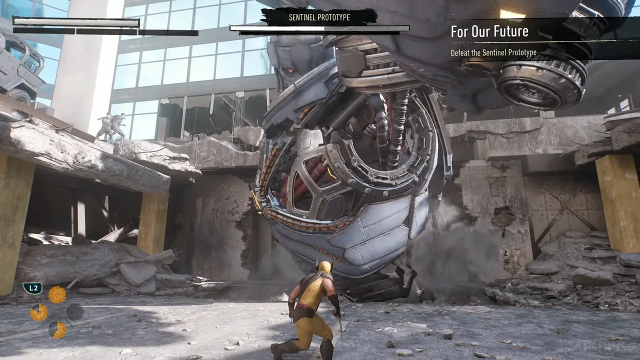 Combat against the Sentinel Prototype with the objective Defeat the Sentinel Prototype on screen