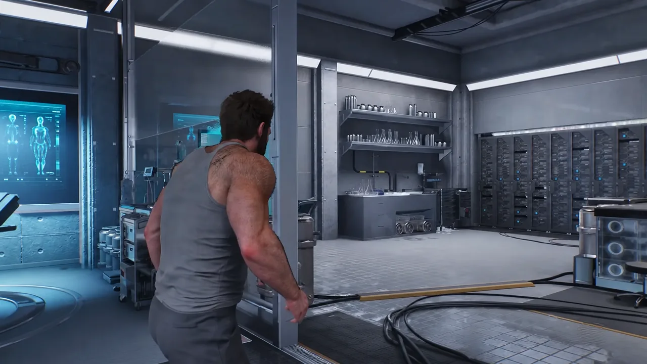 Logan walking through Walter's lab in Marvel's Wolverine during the Homecoming mission